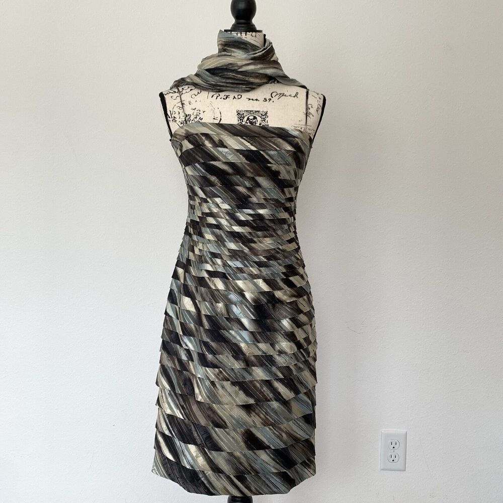 Vintage Y2K  Blue Beige Gray Brown Cocktail Dress Size 4 With Scarf/Shawl